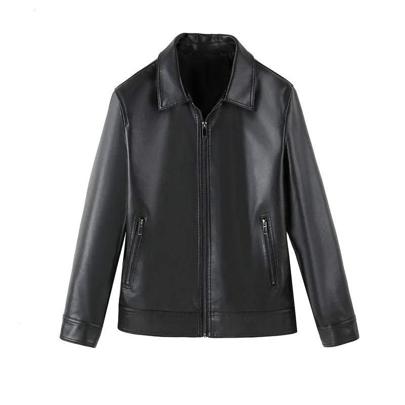 Men's black loose-fit PU leather casual jacket with zipper pockets on a plain background.