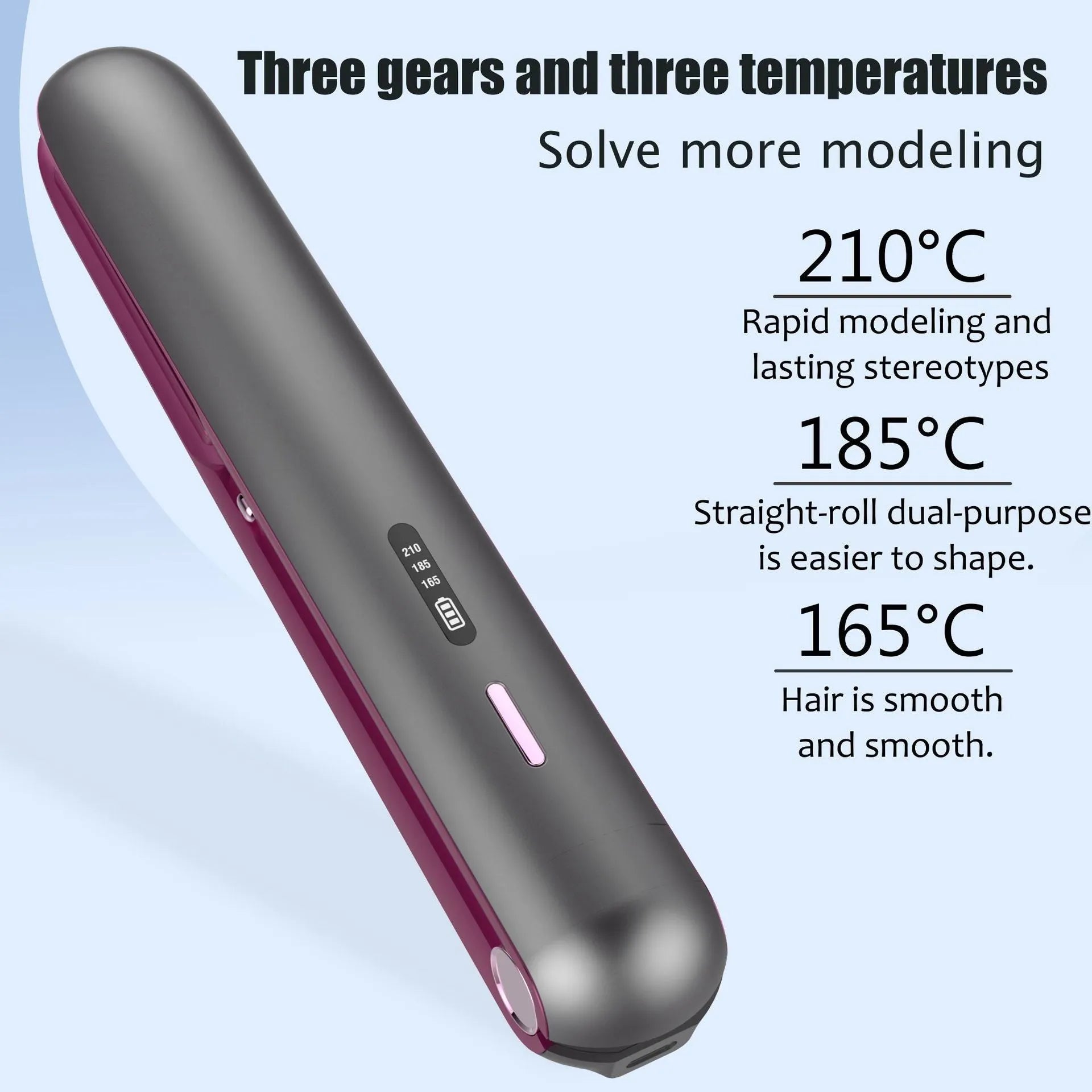 Moon shadow grey wireless hair straightener with tourmaline ceramic plates and temperature control settings