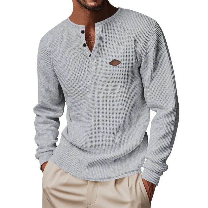 Men's waffle buckle quick-drying raglan long sleeve pullover in sapphire blue, loose fit, polyester fibre