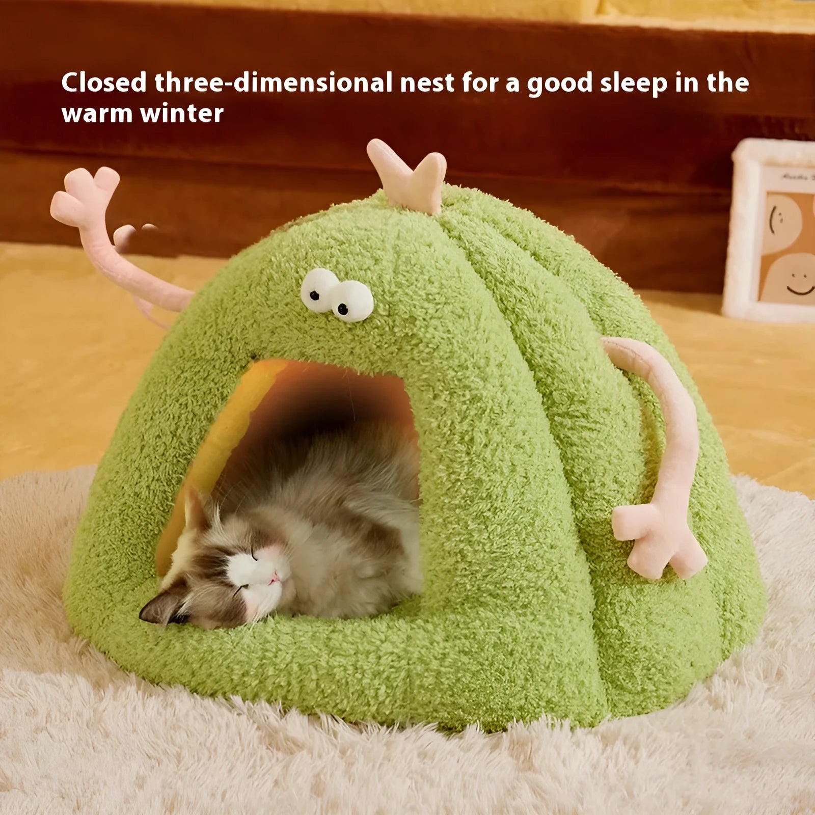 Small monster-shaped semi-enclosed cat kennel in yellow, made from PP cotton and bubble velvet