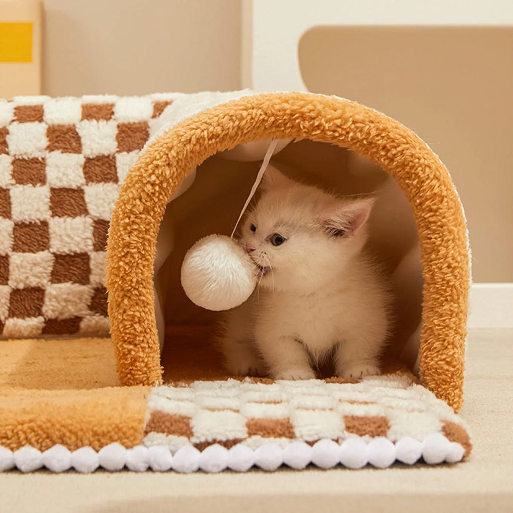 XL 80cm plush dog cat bed with tunnel and fan-shaped sleeping area in coffee plaid