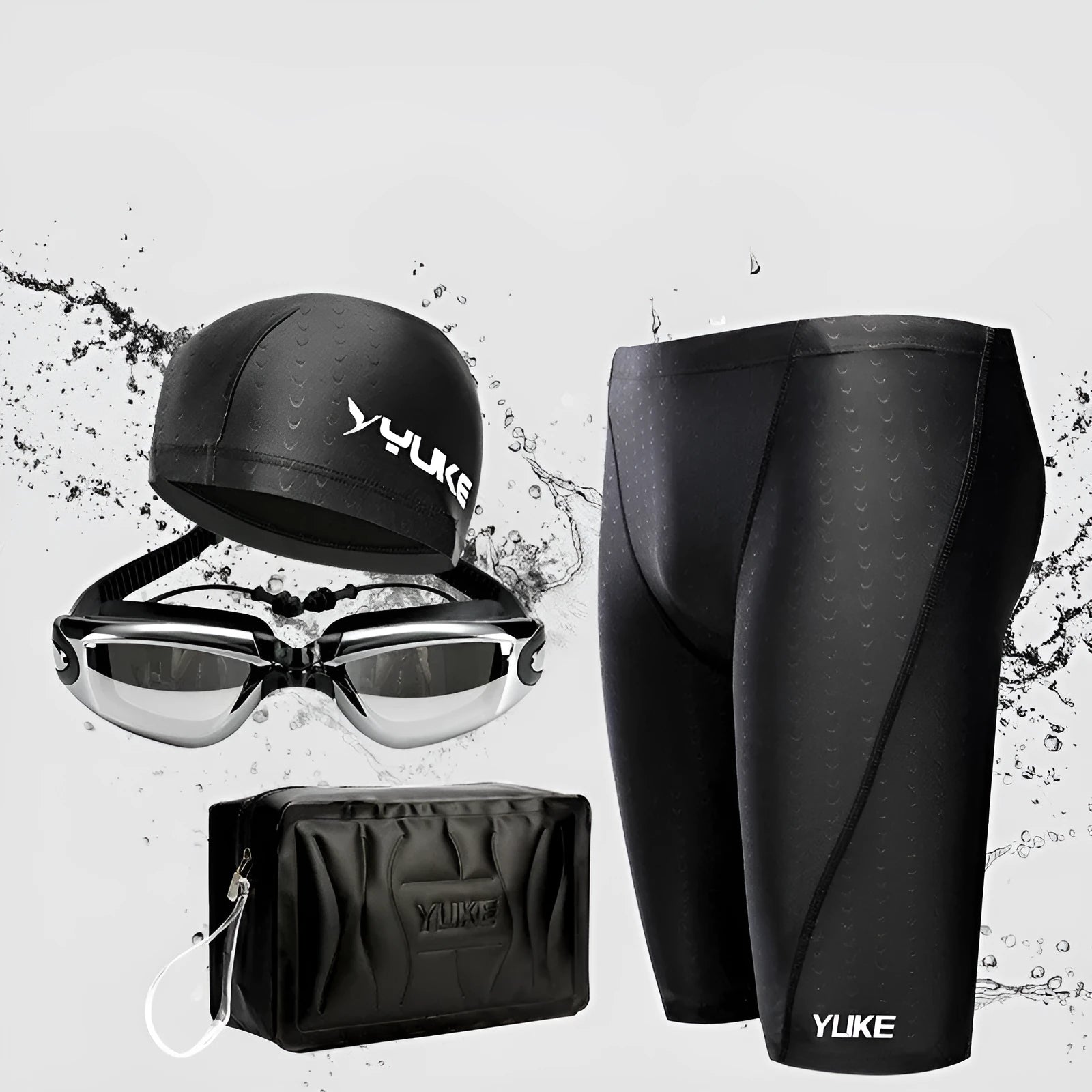 Men's black polyester swimming set with trunks, goggles, cap, accessories, and bag