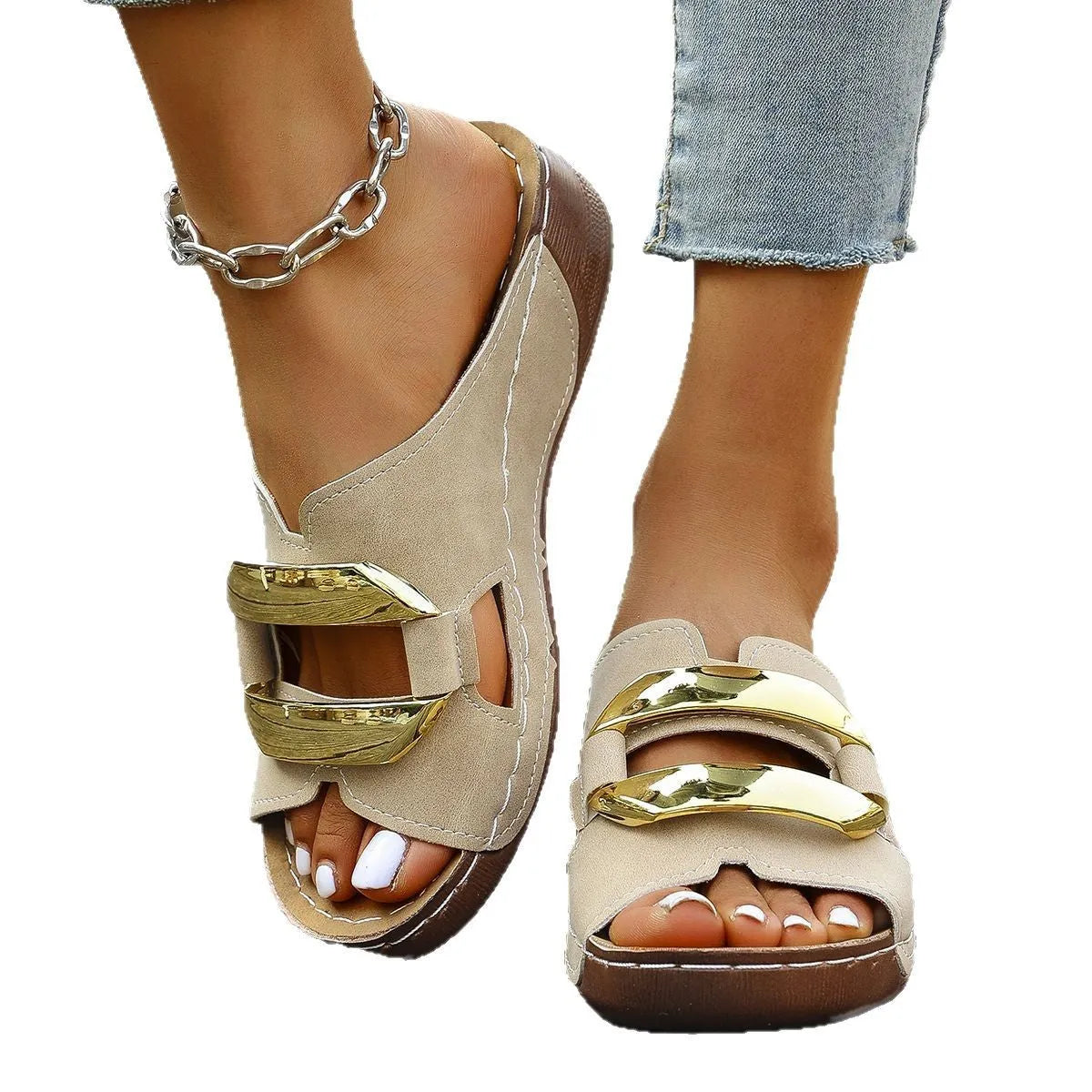 Women's Roman style platform sandals in black, showing strapped design and flat rubber sole.