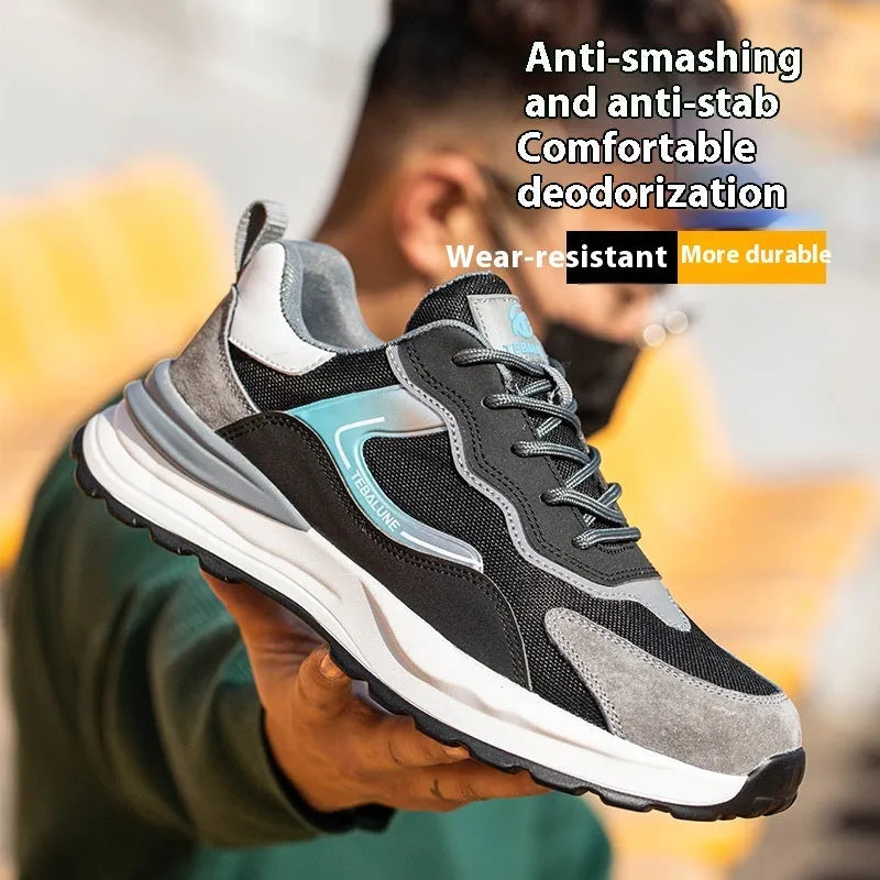 Men's low-top safety work shoes with nubuck leather and flyknit mesh upper, plastic steel toe, and PU sole
