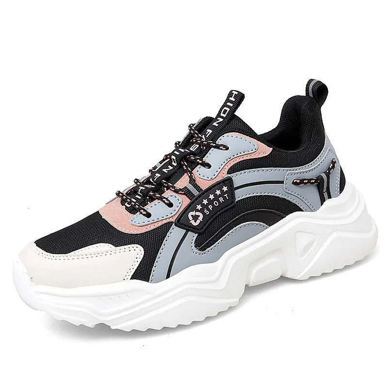 Women's white mesh casual sports shoes with thick PU sole and round toe