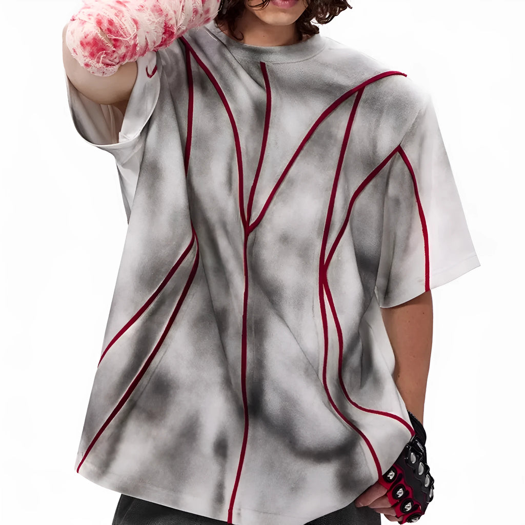 Padded shoulder T-shirt with textured line patchwork design on front