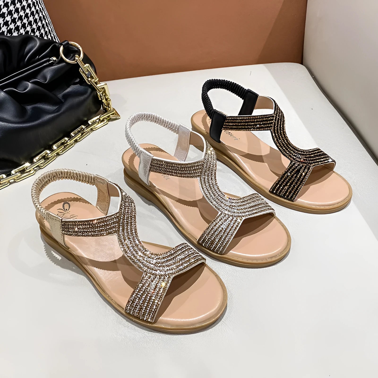 Women's patent leather beach sandals with rhinestone decoration in gold, silver or black colours