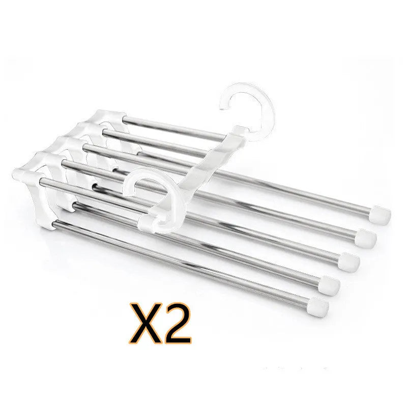 Black 5-in-1 stainless steel trouser hanger with five booms and dual hooks on a clothes rack