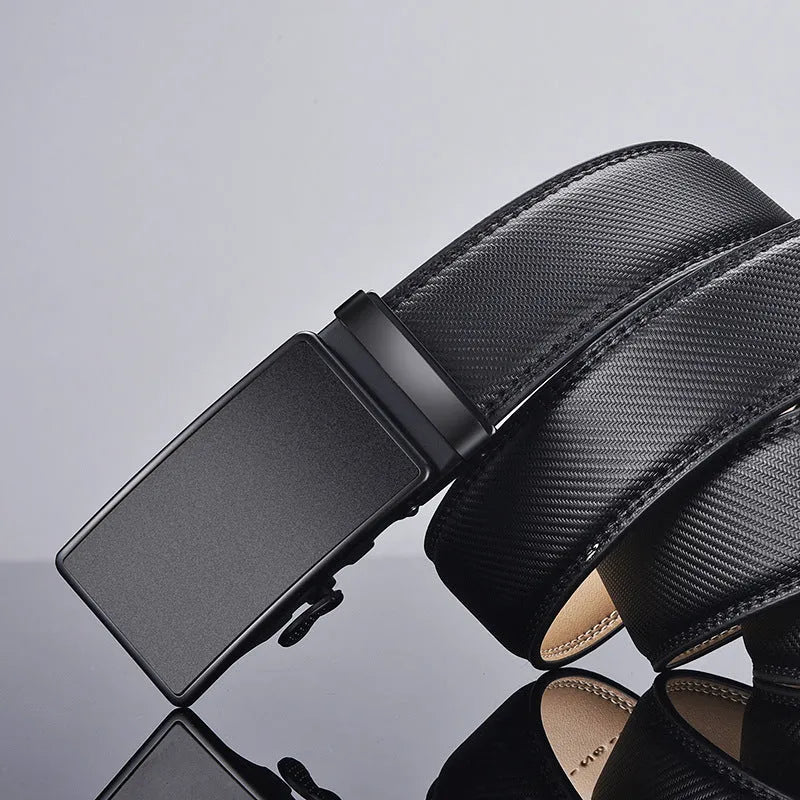 Men's two-layer cowhide click belt with glossy alloy rectangle buckle, striped embossed pattern, available in black in multiple lengths.