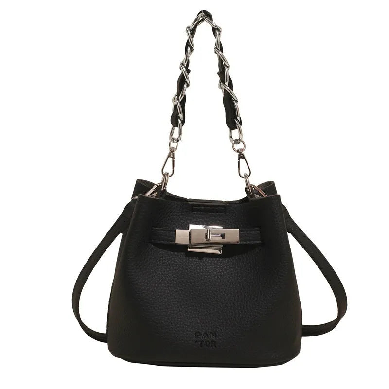 Retro PU leather bucket bag with chain detail, 20x17x13cm, available in pink