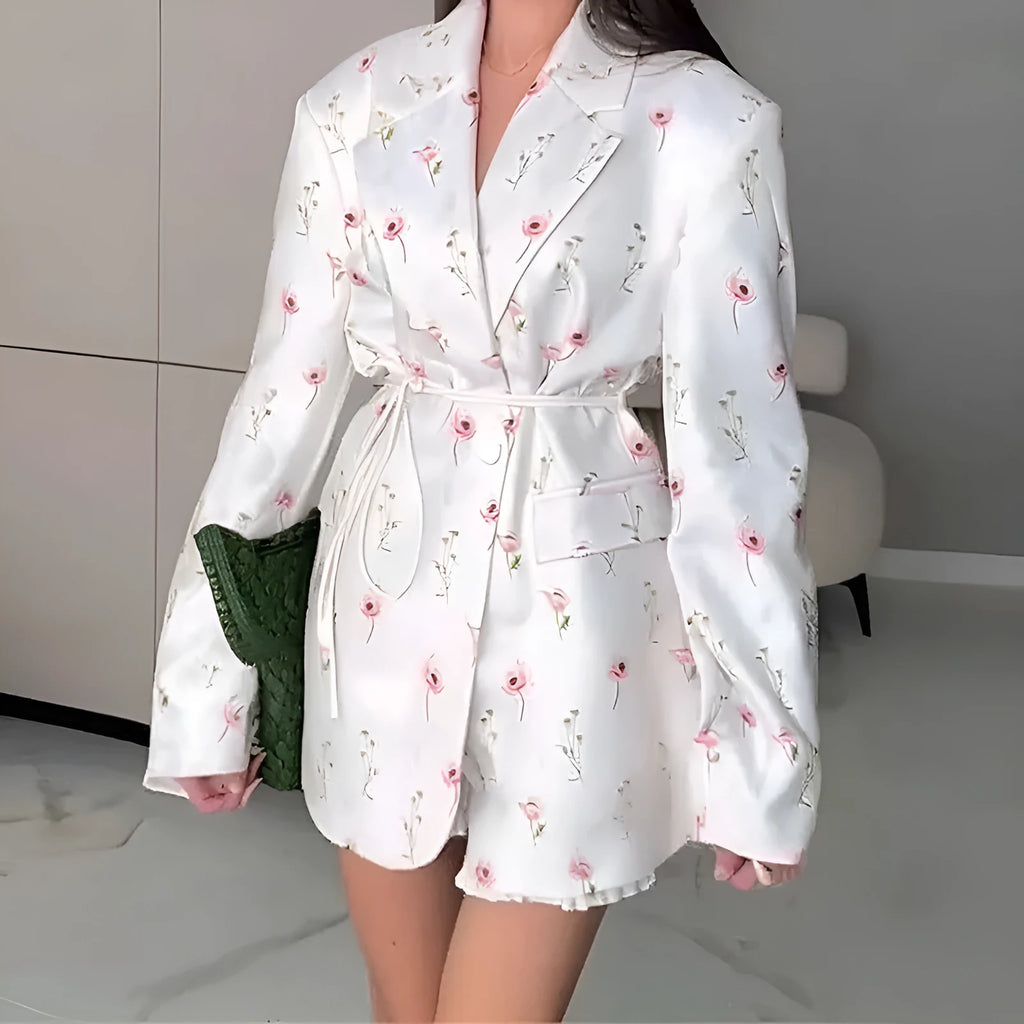 Women's printed polyester suit jacket with lace-up collar and waist-tight fit