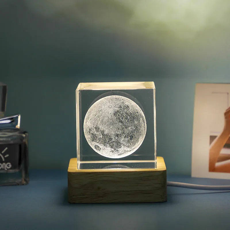 3D transparent crystal cube night lamp with warm light glowing, glass lampshade, 40mm size