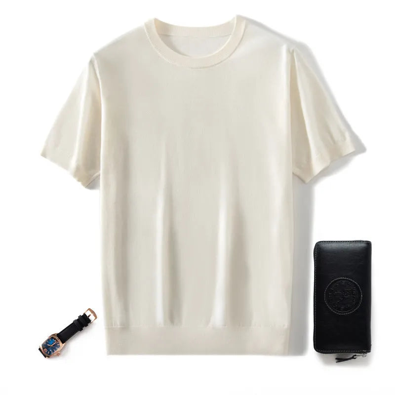 Men's knitted thin short sleeve round neck loose casual top in multiple colours: white, glacier blue, dark blue, black, cocoa brown, light gray, elegant beige, rock gray