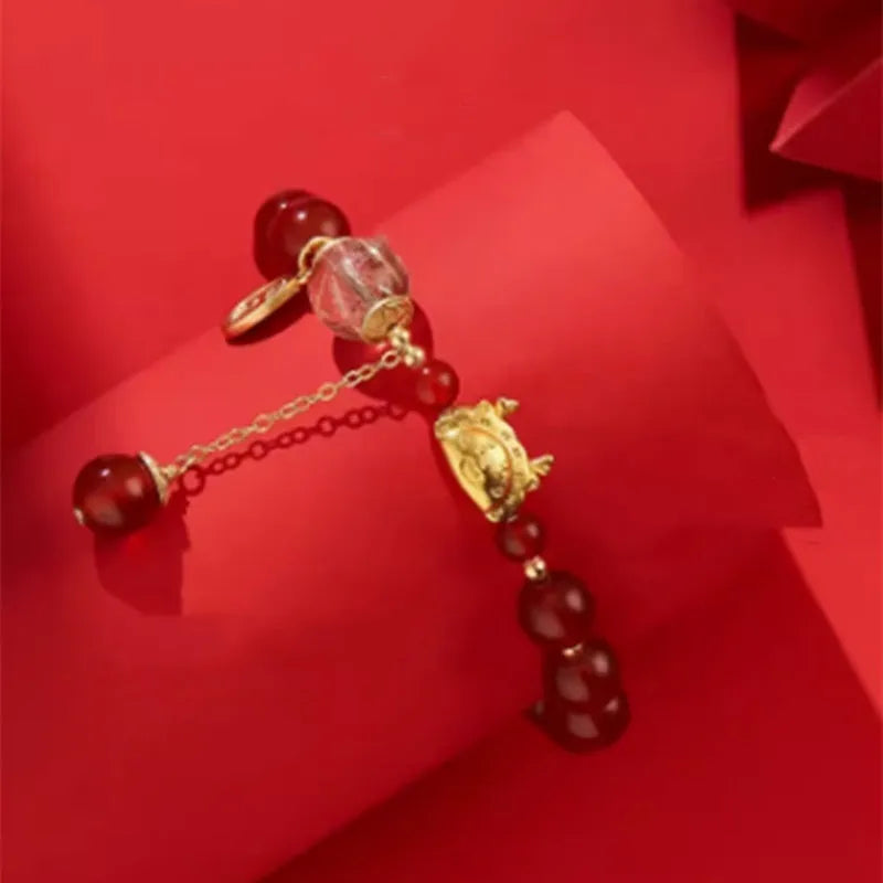 Chinese style Hetian jade and red agate bracelet with lucky blessing card and dragon charm, 925 silver and gold plated