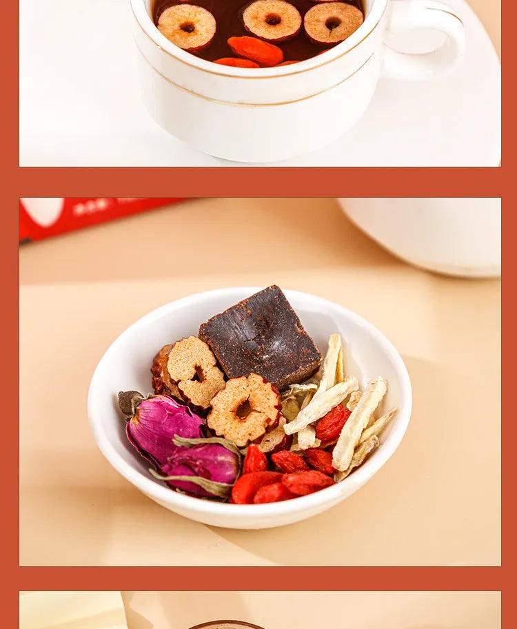 Box of Brown Sugar Ginger Tea 150g with red dates, wolfberries, and ginger tea bags