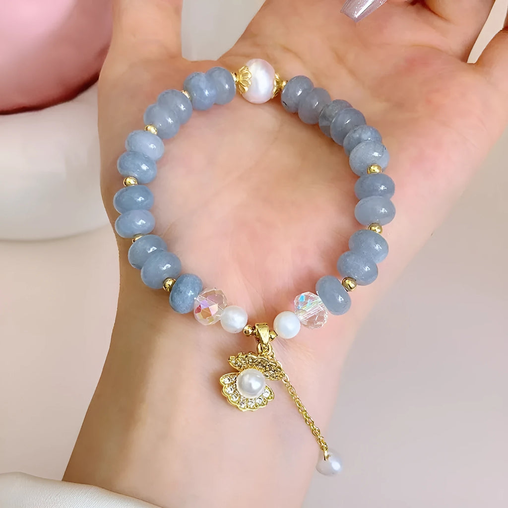Natural aquamarine pearl shell healing bracelet for women handmade travel commemoration gift
