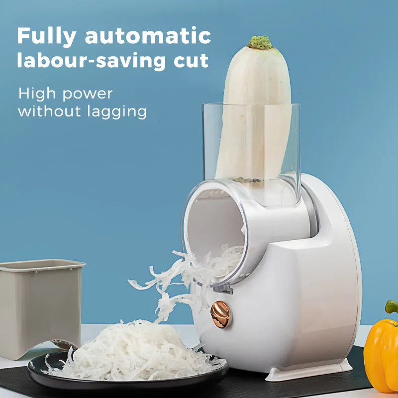 Electric vegetable slicer with suction base in white, showing feeding port and pressing rod