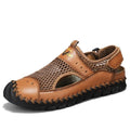 Men's mesh breathable hollow shoes in black genuine leather with rubber sole, low-top design
