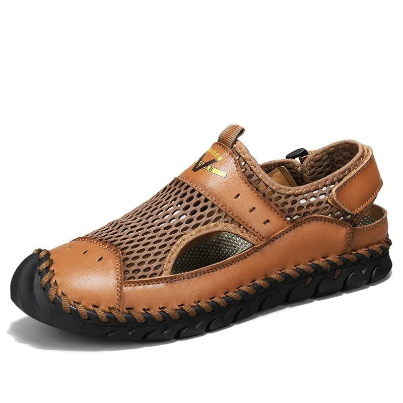 Men's mesh breathable hollow shoes in black genuine leather with rubber sole, low-top design