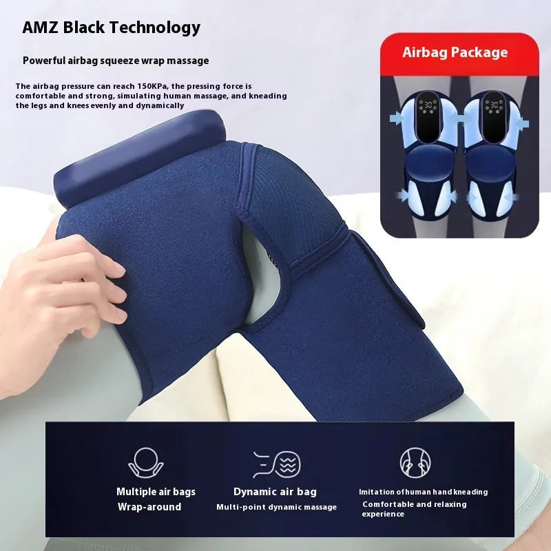 Blue self-heating knee massager with adjustable straps for vibration, heat and air pressure therapy