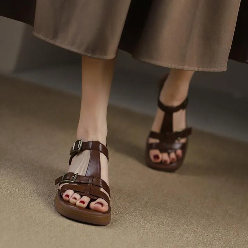 Women's black retro chunky heel sandals with T-buckle, open toe, square toe, and platform sole