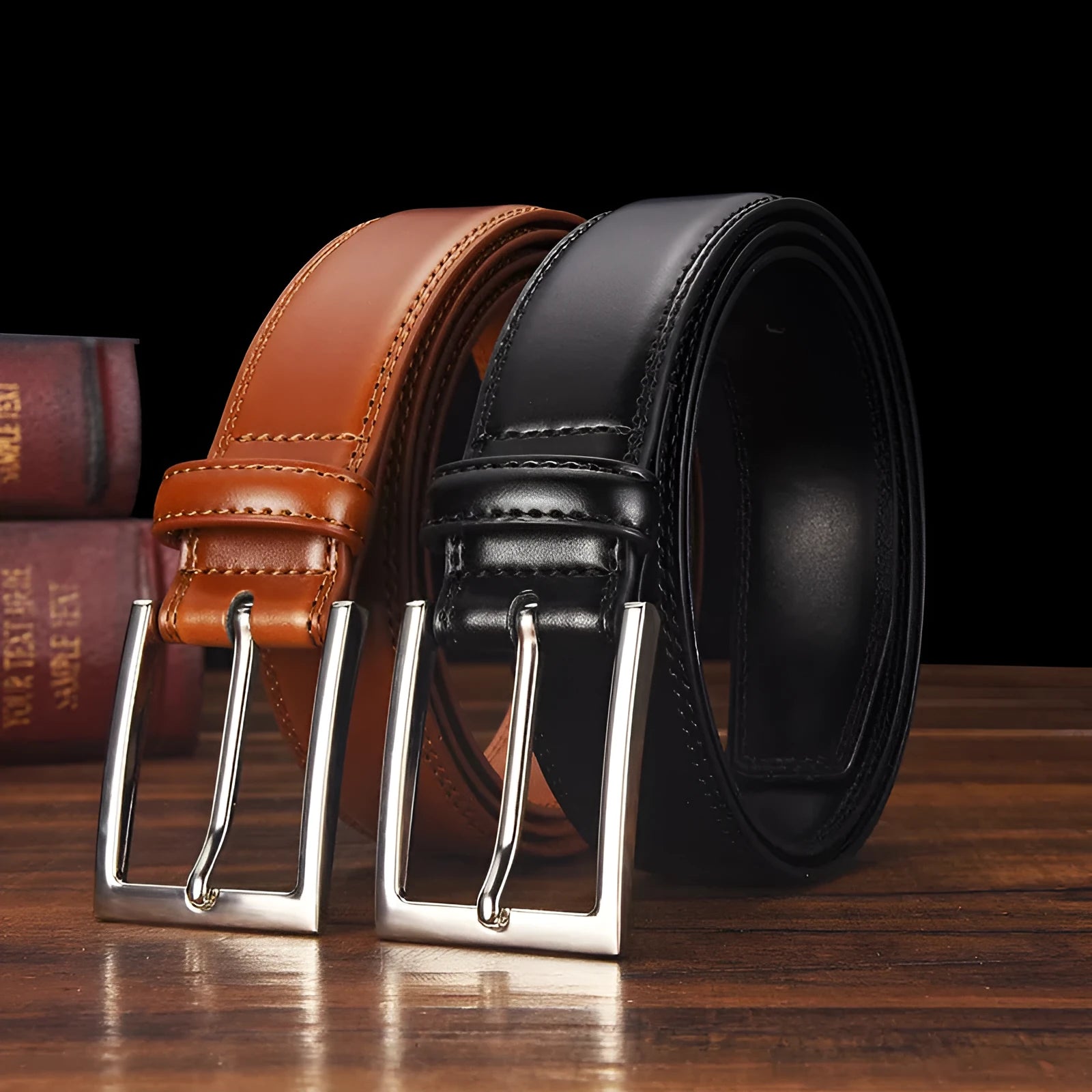 Men's black genuine leather belt with silver alloy pin buckle, showing adjustment holes and patent leather finish.