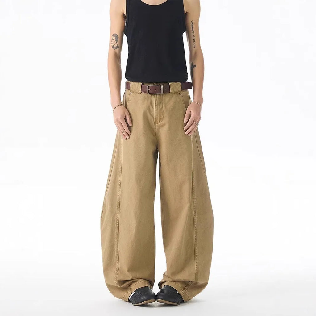 Men's brown loose-fit straight jeans with Korean-style design and elastic denim fabric