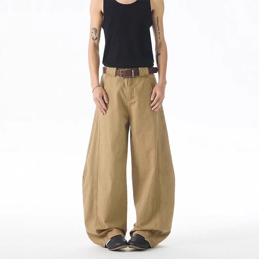 Men's brown loose-fit straight jeans with Korean-style design and elastic denim fabric