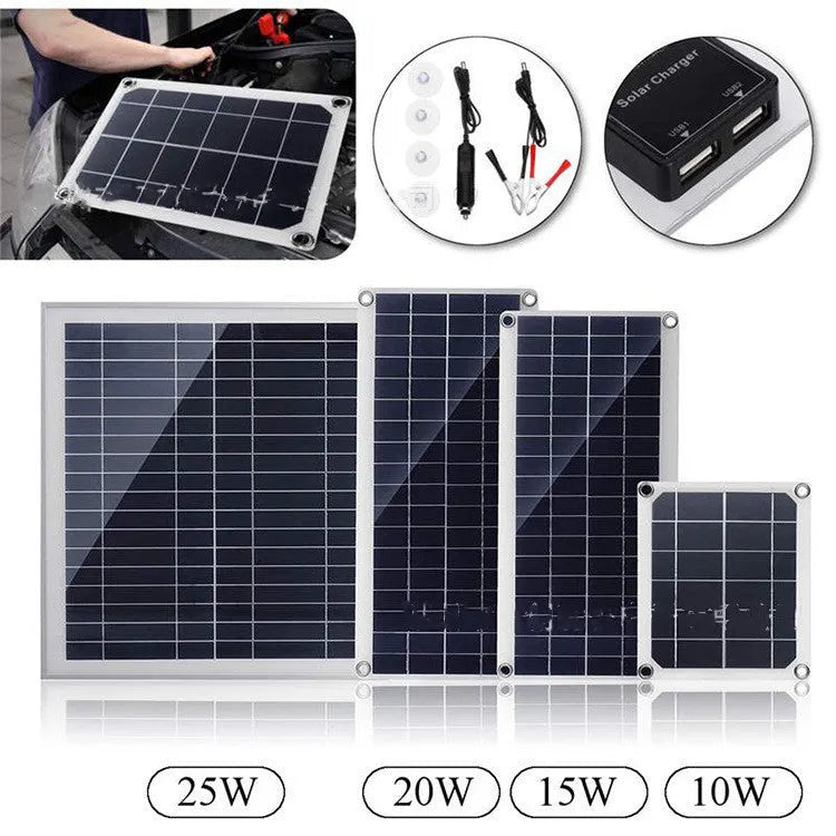 Polysilicon solar panel with dual USB ports for outdoor charging, available in 10W, 15W, 20W and 25W power options.