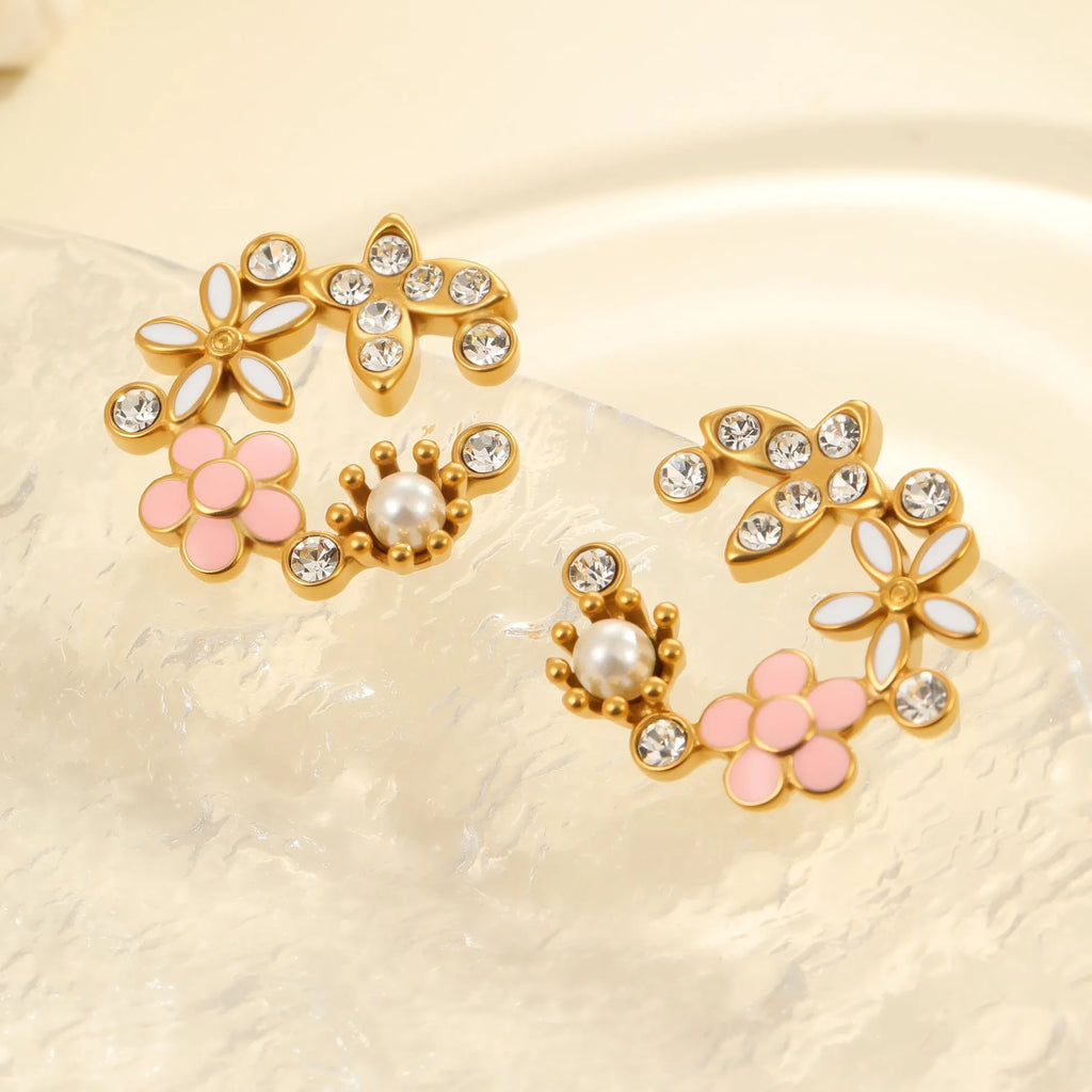 Colourful stainless steel flower petal stud earrings with 18K electroplated finish