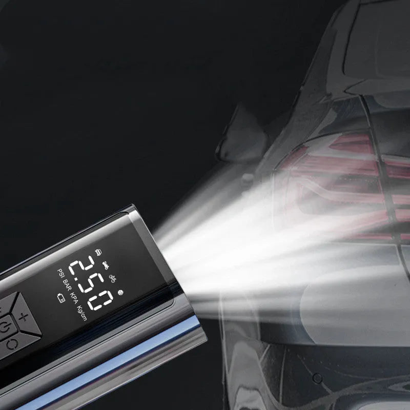 Portable wireless car tyre pump with digital display, 120W, ABS metal body, and LED light
