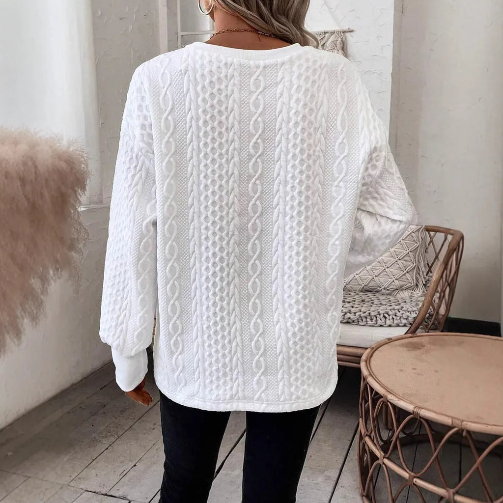 Loose fit long sleeve T-shirt in milky white with 3D pattern detail showing Japanese Korean casual styling