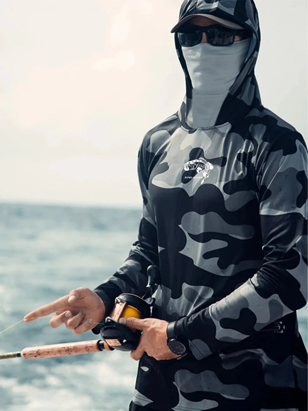 Men's long sleeve fishing shirt with mesh side panels and crew neck design