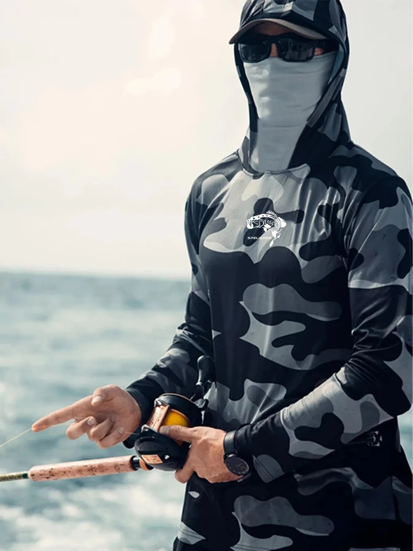 Men's long sleeve fishing shirt with mesh side panels and crew neck design
