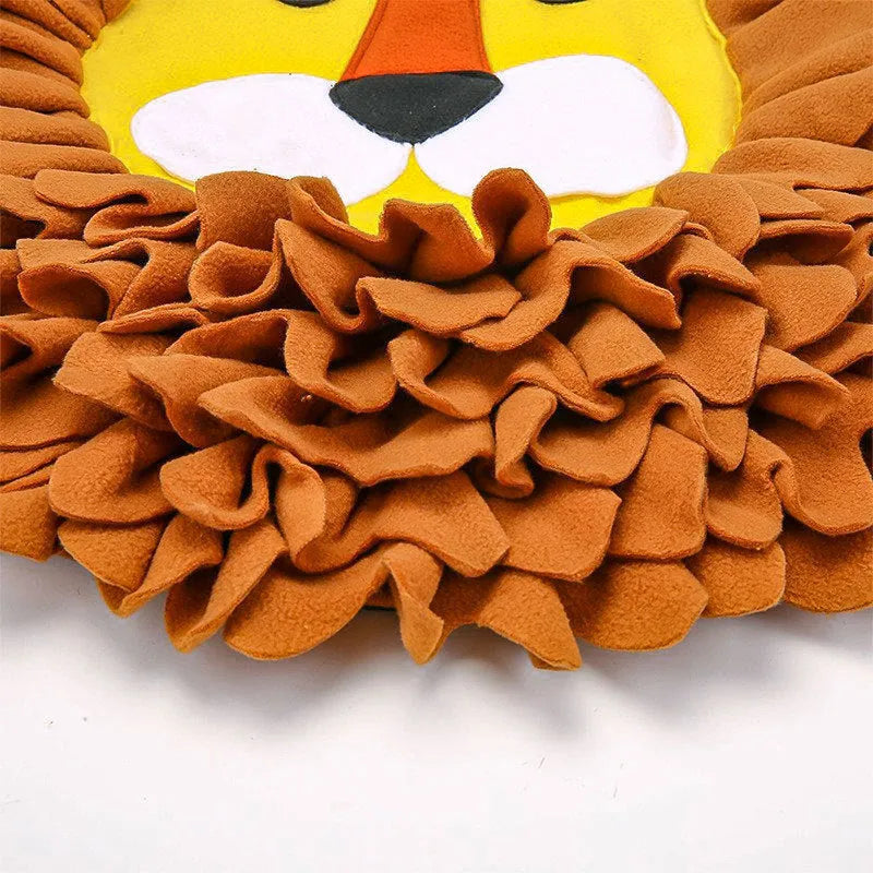 Brown dog snuffle mat with 16 removable fleece strips for hiding treats, measuring 33x25 cm