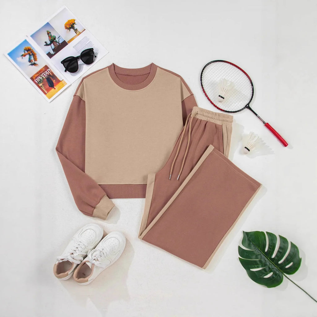 Women's European style camel cotton casual suit set with long trousers on hanger