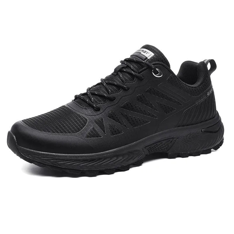 Men's black and orange breathable mesh running shoes with lace-up front and rubber sole
