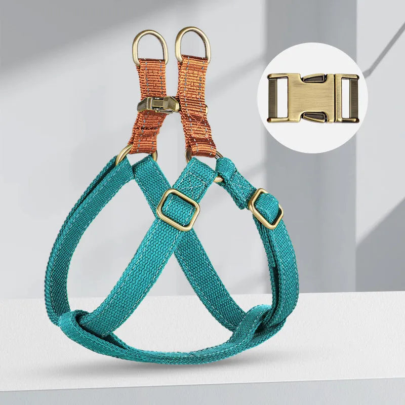 Brown vest-style anti-loss dog leash with cotton belt and nylon construction showing alloy fastener