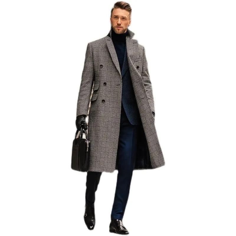 Grey check double breasted wool overcoat with suit collar and horn clasp, medium length men's winter coat