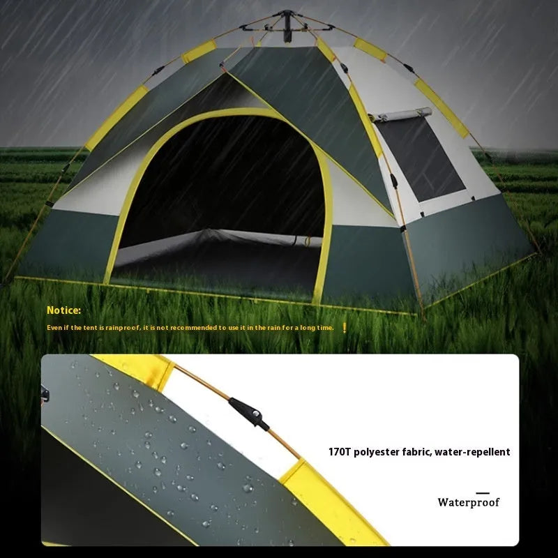 Dark green silver glue automatic quick-open camping tent for 3-4 people, fully pitched showing door and window.