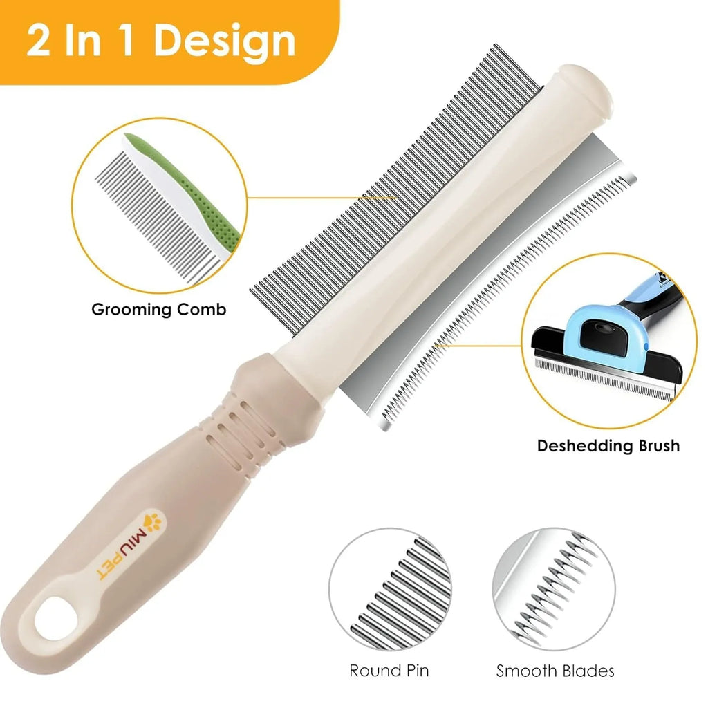 White double-sided pet grooming brush with comb and deshedding head on a curved ergonomic handle.