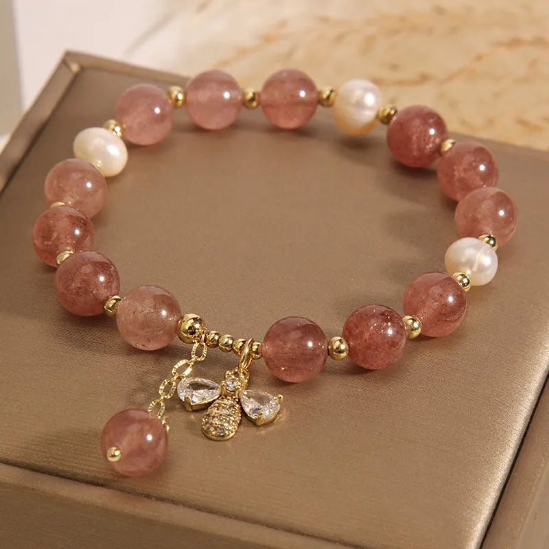 Women's freshwater pearl and strawberry quartz bracelet with zircon accents and adjustable closure
