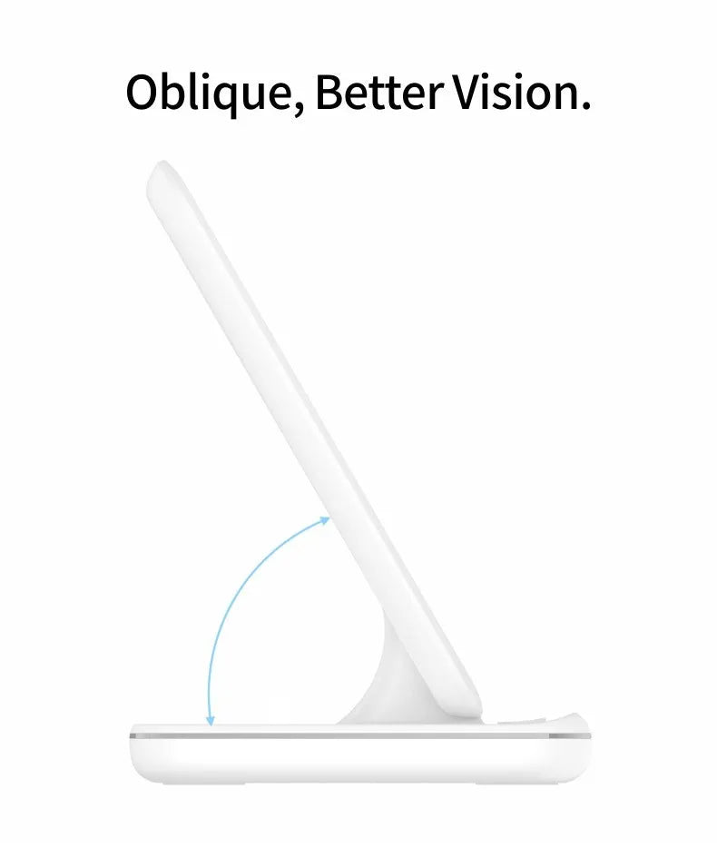 Three-in-one wireless charger stand 15W for phone watch headset in black on desktop