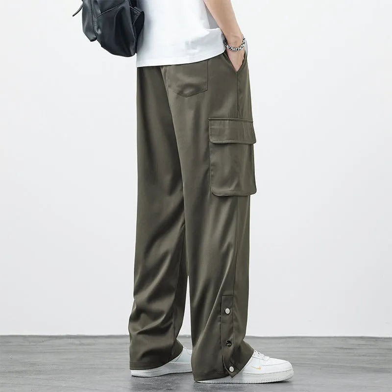 Men's plus size loose straight-leg nylon overalls in Army Green, front view