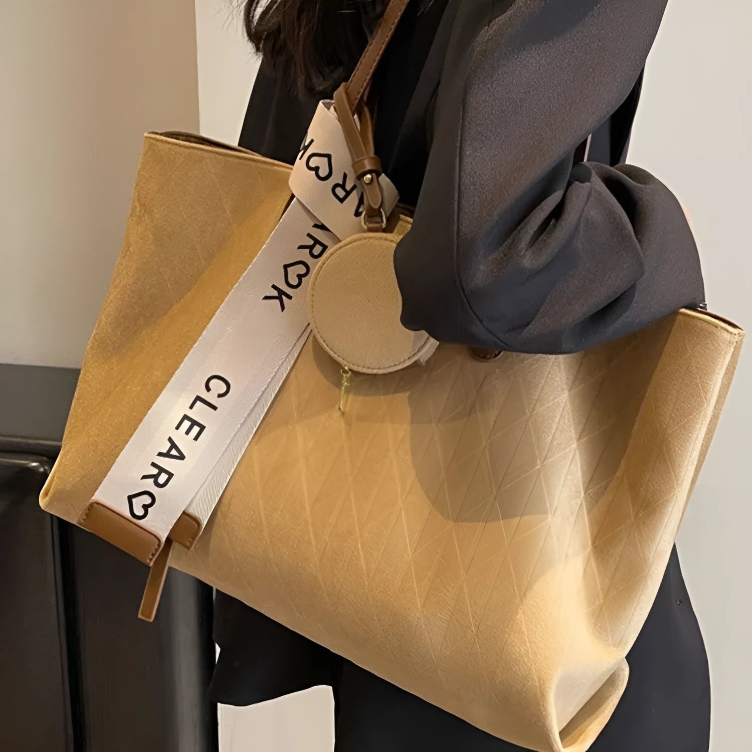 Casual large square polyester shoulder bag with zippered compartment in black, brown, green, or light khaki colour options