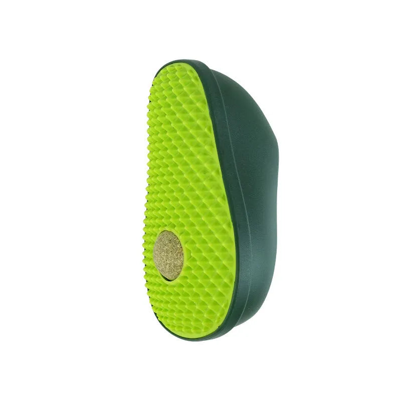 Avocado cat toy with green and brown ABS TPR texture, 13.5 cm long, on a flat surface