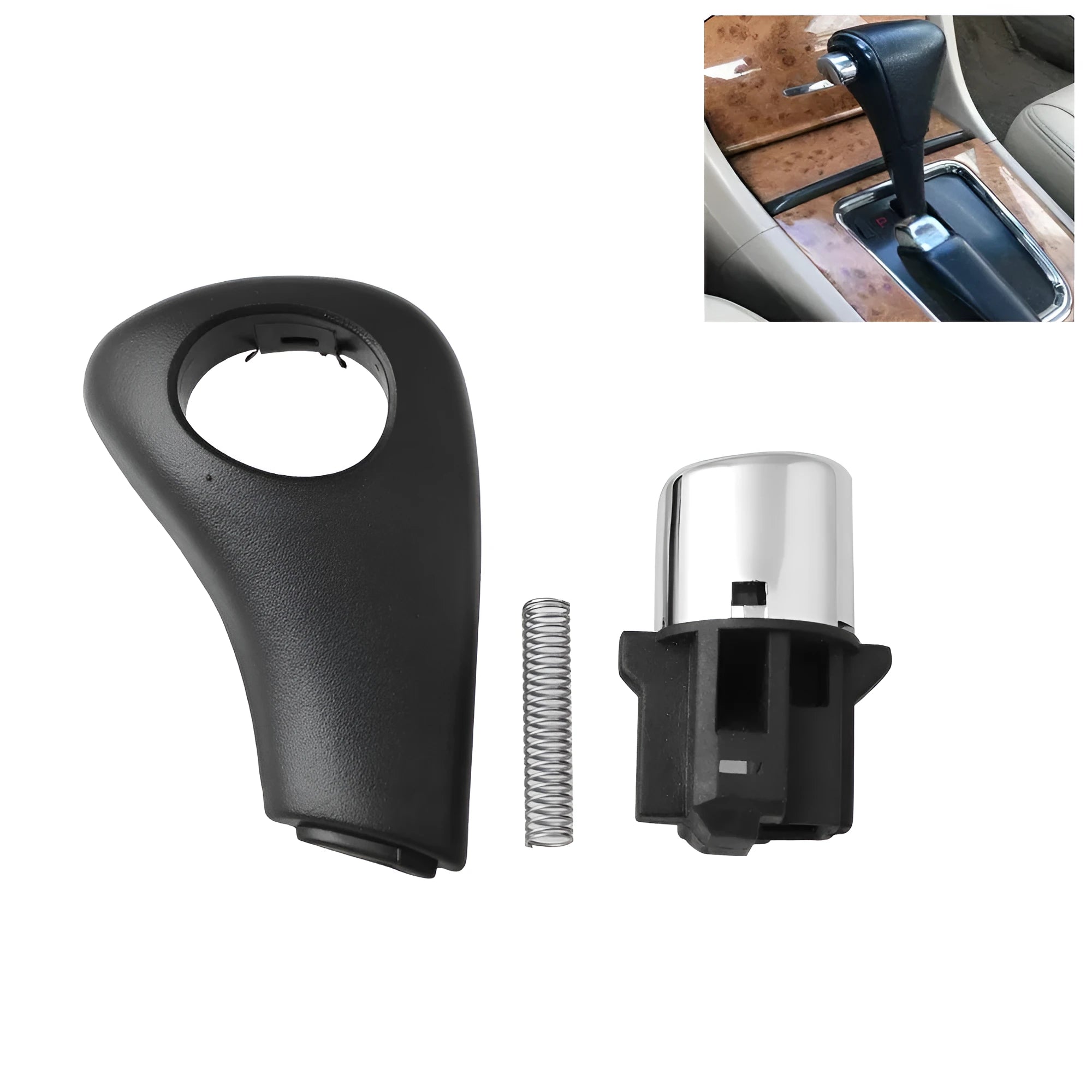 Black ABS plastic shift button, spring, and side panel kit for Honda Accord 2003-2005.