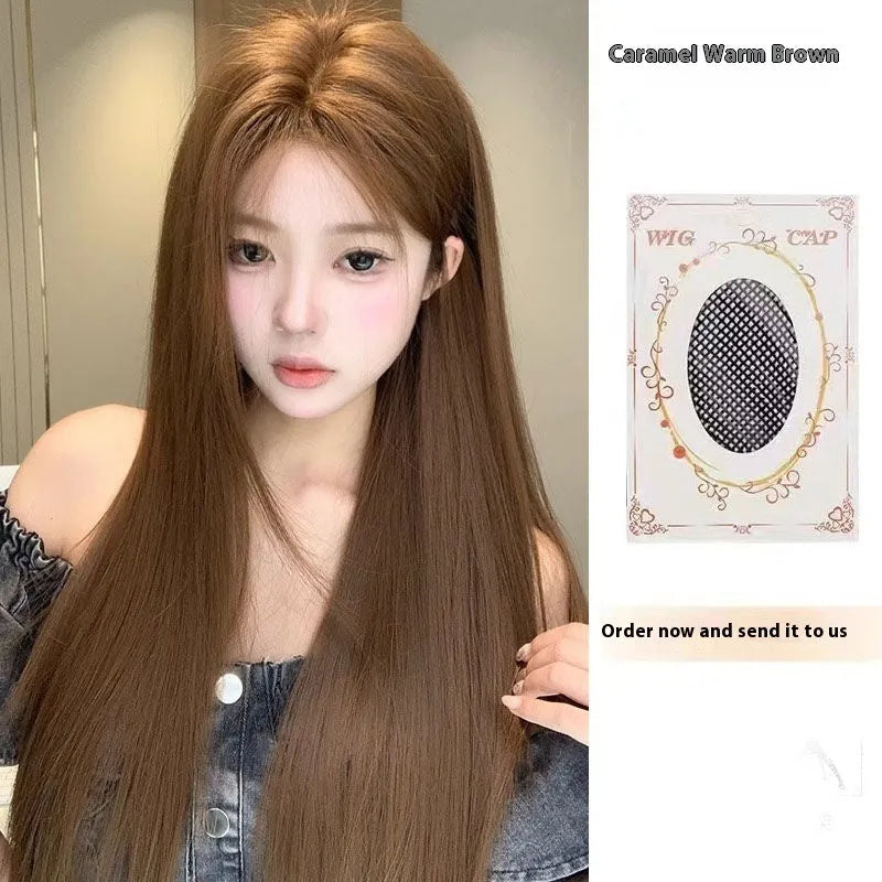 Warm brown long straight wig with centre-parted bangs and forehead lace, natural style