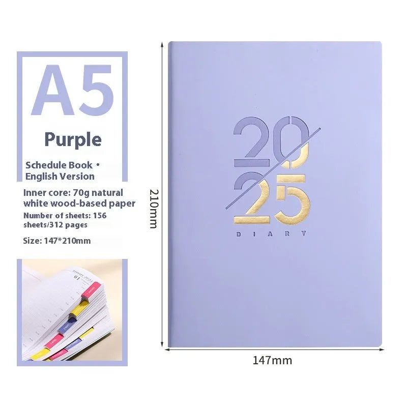 2025 A5 daily plan schedule book with soft faux leather cover in blue, pink, yellow, purple and green