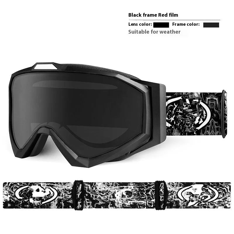 Motorcycle anti-fog goggles in black frame with gray lens variant showing protective eyewear design